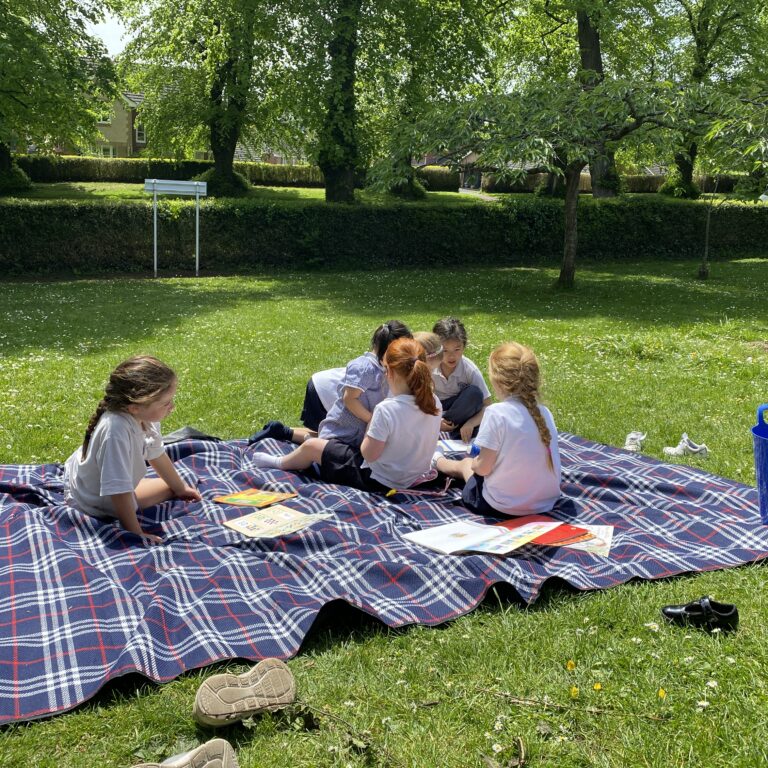 students sat on a picnic blanket